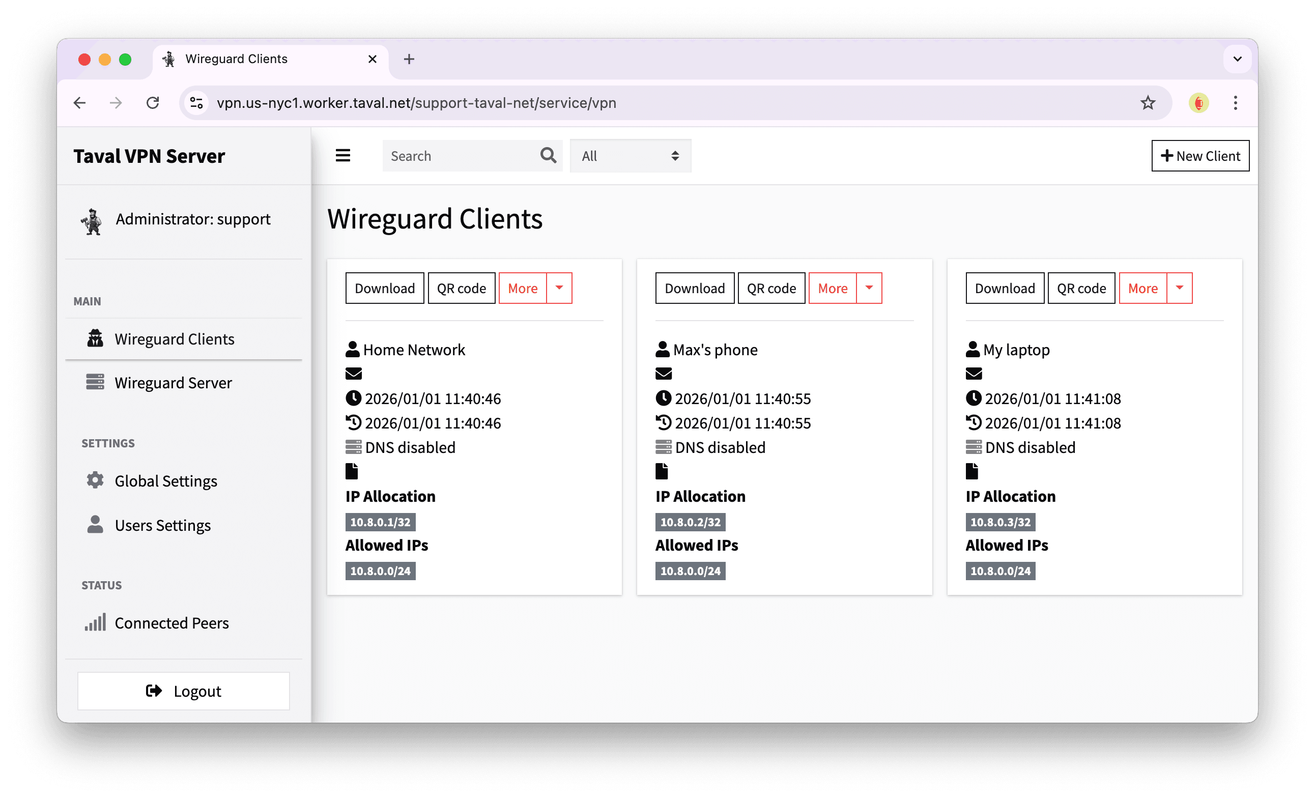 Taval VPN Server Dashboard - WireGuard Clients Management Interface